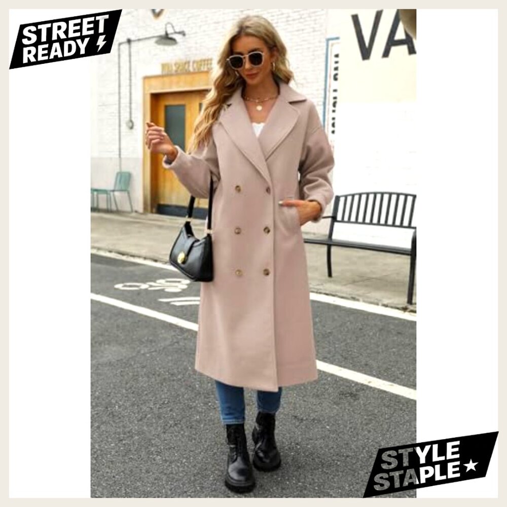 Long Wool Blend Pea Coat Double Breasted Notched Lapel Winter Overcoat - Picture 5 of 7
